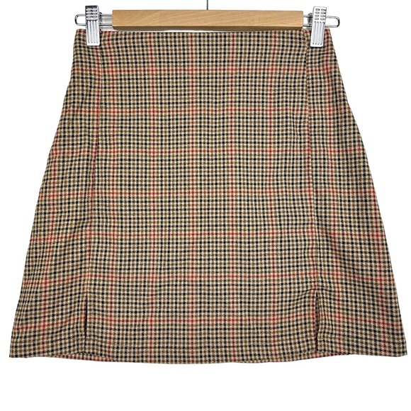 Brandy Melville Cara Glen Plaid Stretch Side Slit High Rise Mini Skirt Brown - Picture 13 of 13